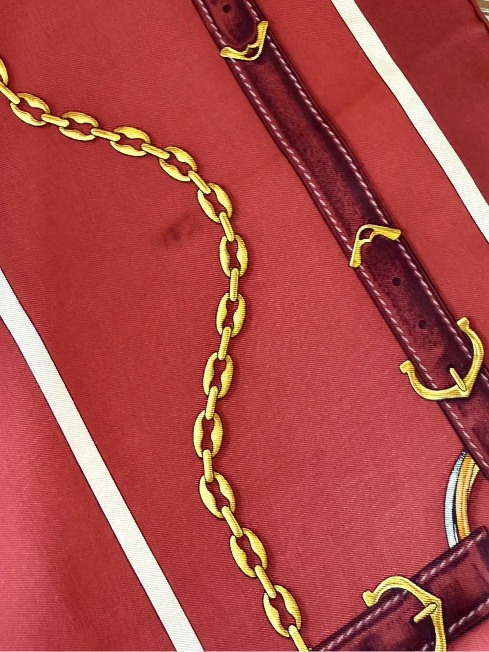 Cartier Silk Scarf Brown Yellow Chain Belt Hand Rolled Made in France